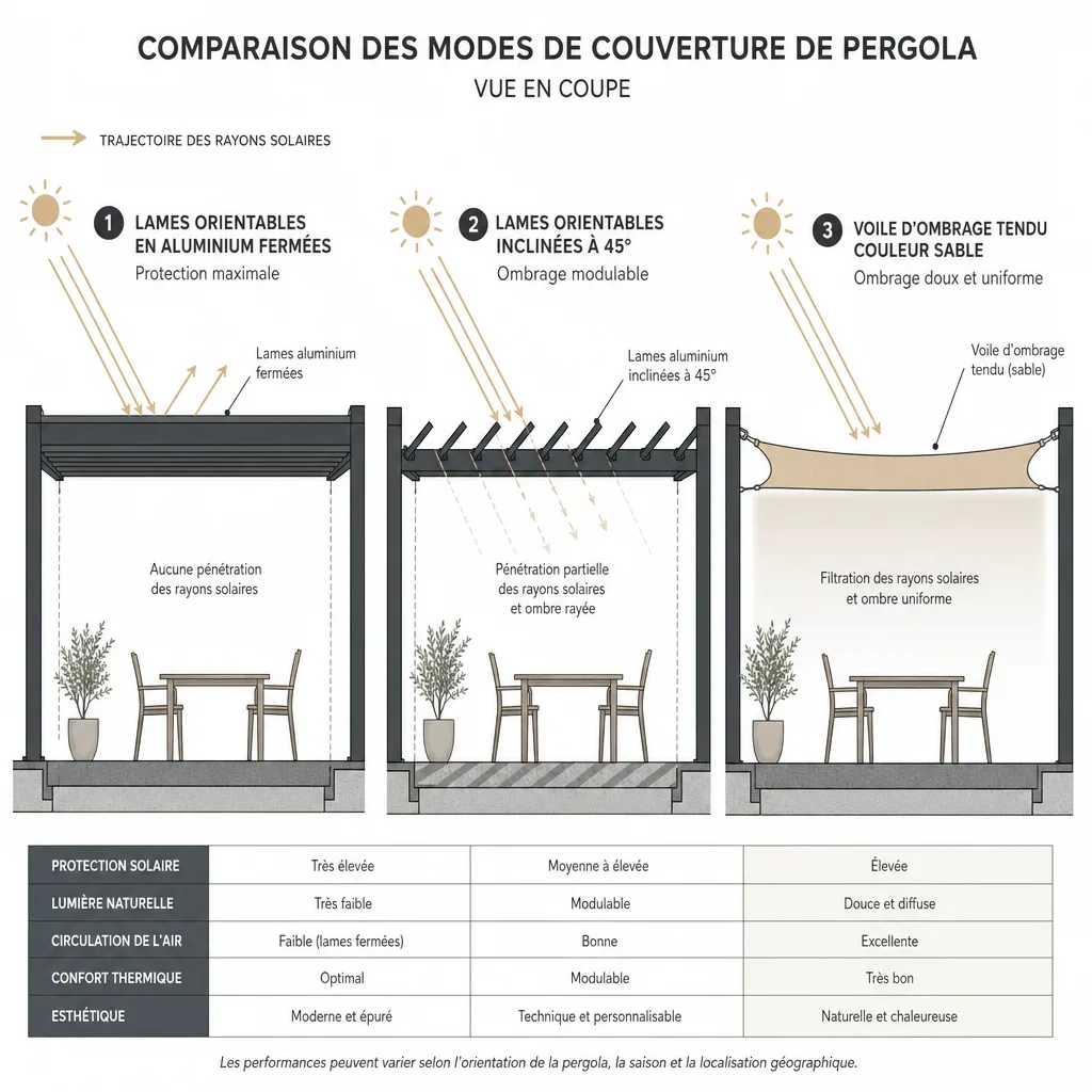 Une magnifique pergola structure acier couleur RAL 7016 avec  voile d'ombrage couleur sable — Ales-Pergola.fr